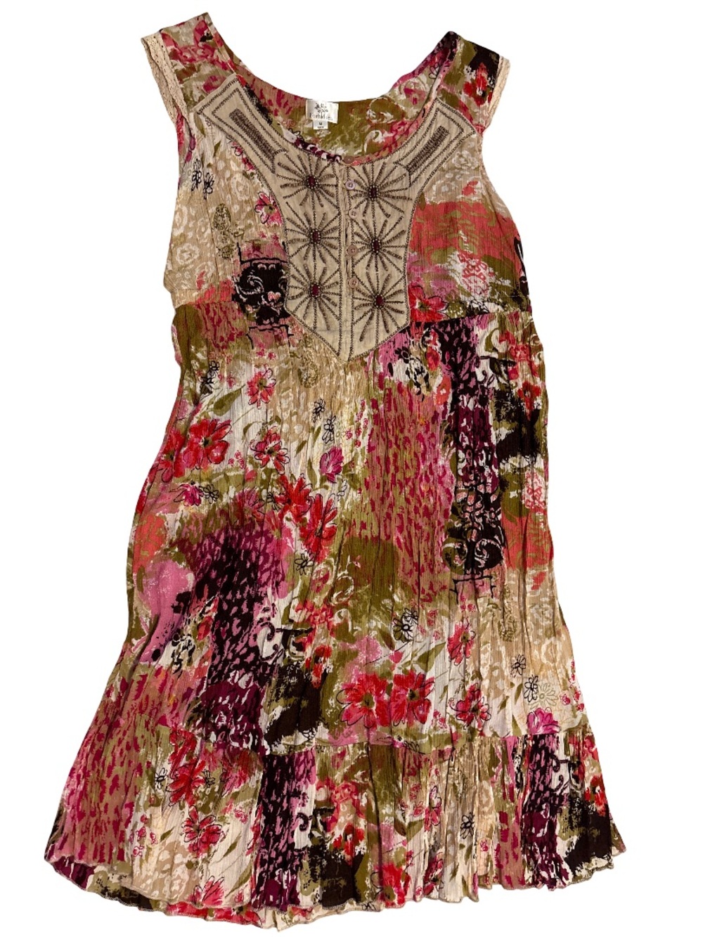 Floral Patchwork Sleeveless Mini Dress in Pink & Olive